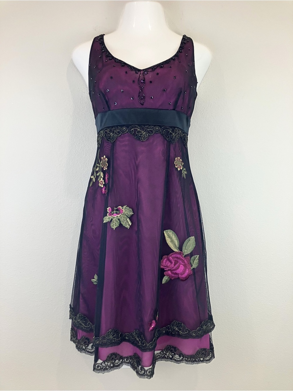 Adrianna Papell Purple Tulle Overlay Dress Floral Appliqué Beaded Lace Sz 10